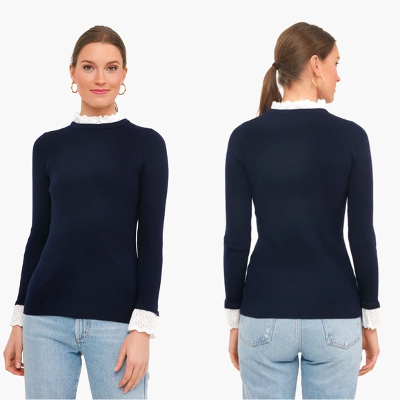 Tuckernuck Sweaters - Tuckernuck Women’s Wool Blend Navy Rosemary Eyelet Knit Top Sweater Longsleeve M